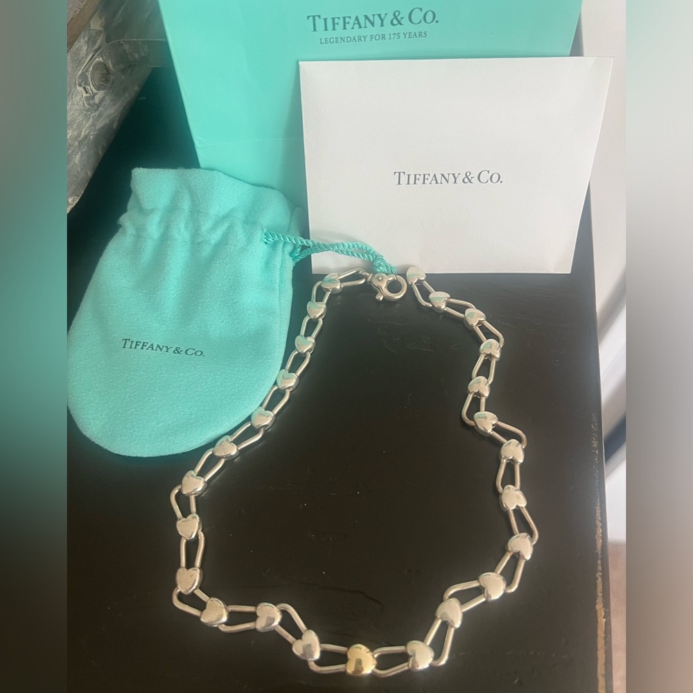 Tiffany & Co. heart pendant lock chain necklace 18k gold heart with silver